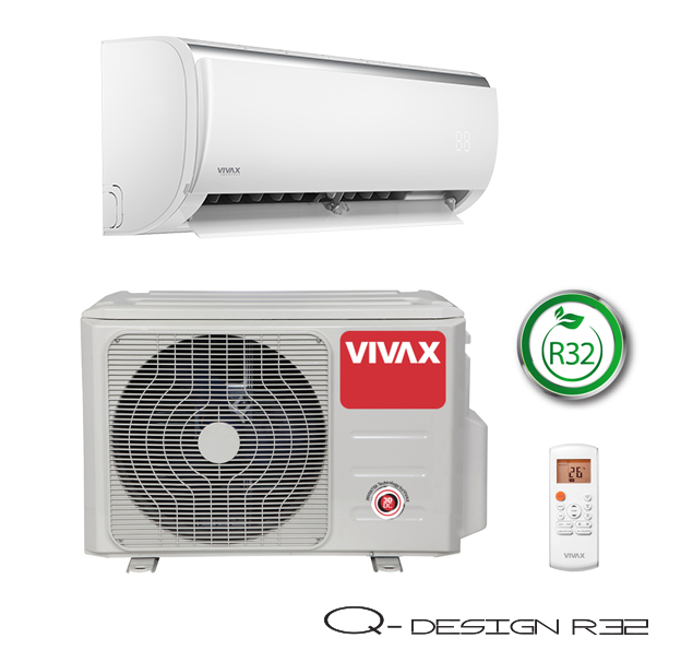 Vonkajšia a vnútorná jednotka nástennej klimatizácie značky VIVAX Q dizajn, diaľkové ovládanie a typ použitého chladiva (R32)