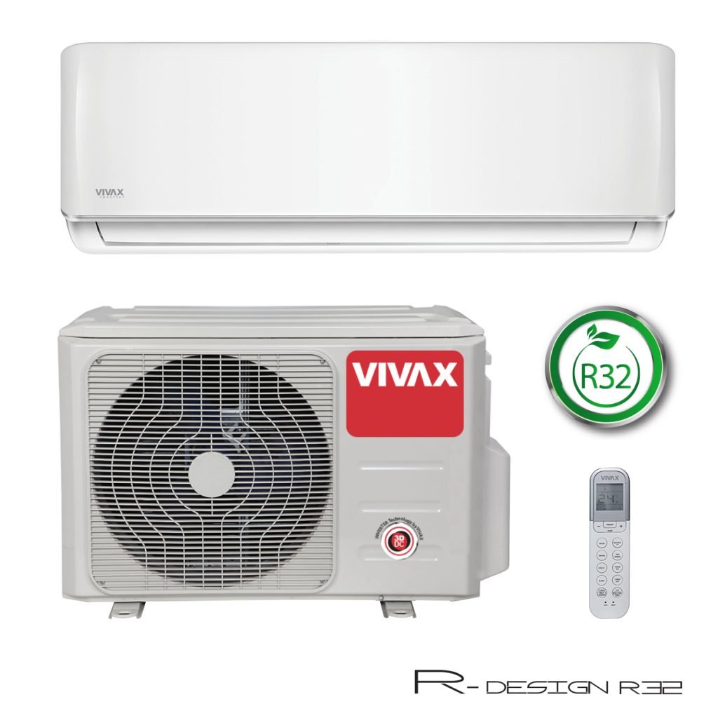 Vonkajšia a vnútorná jednotka nástennej klimatizácie značky VIVAX R dizajn, diaľkové ovládanie a typ použitého chladiva (R32)