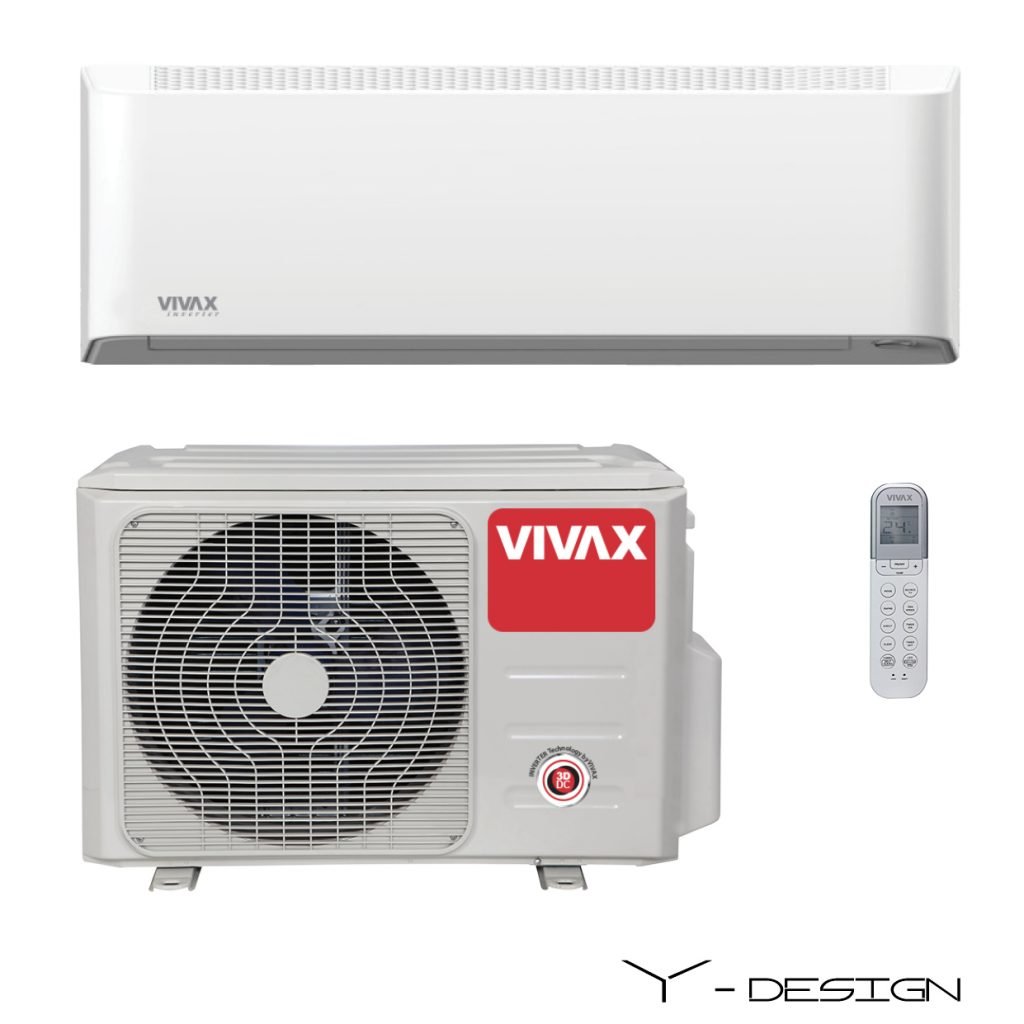 Vonkajšia a vnútorná jednotka nástennej klimatizácie značky VIVAX Y dizajn, diaľkové ovládanie a typ použitého chladiva (R32)