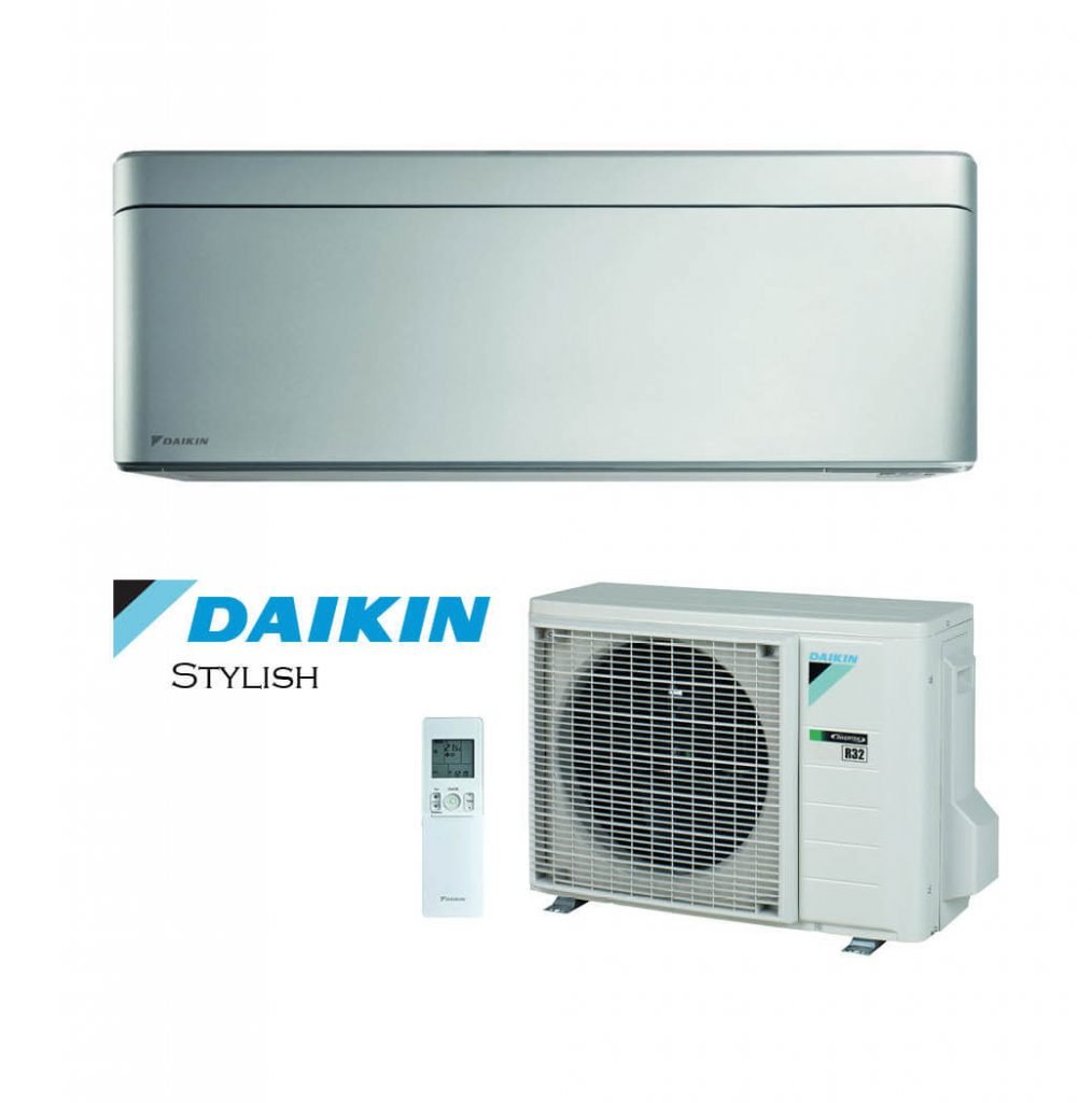 Vonkajšia a vnútorná jednotka nástennej klimatizácie značky Daikin Stylish strieborná